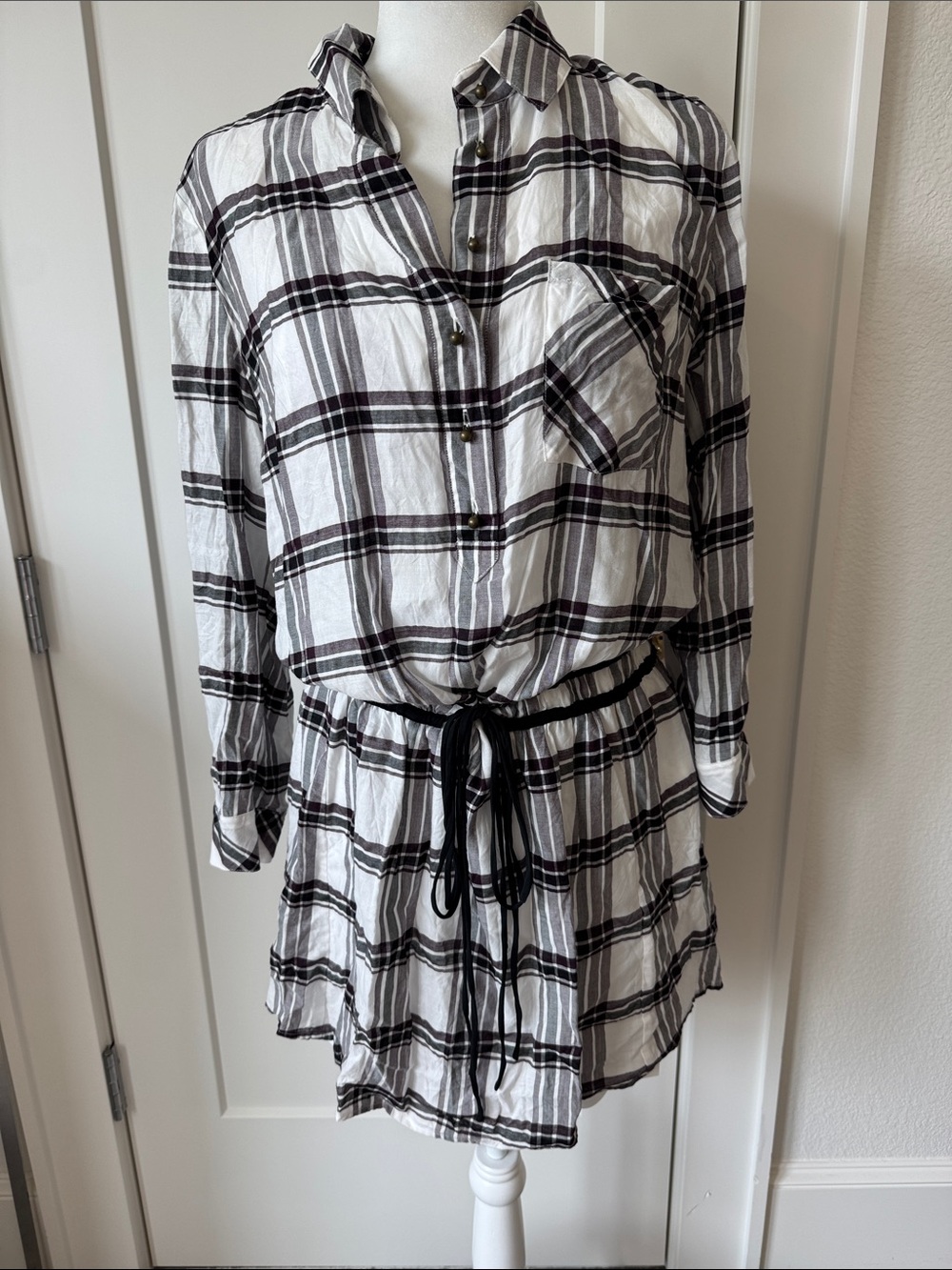 Veronica Beard Black & White Plaid Button-Front Tie-Waist Dress